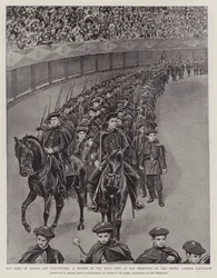 Die Jungen Freiwilligen des Königs von Spanien, eine Parade in der Stierkampfarena von San Sebastian des neu gegründeten Bataillons